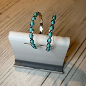 Turquoise and Silver Oval Hoop Earrings